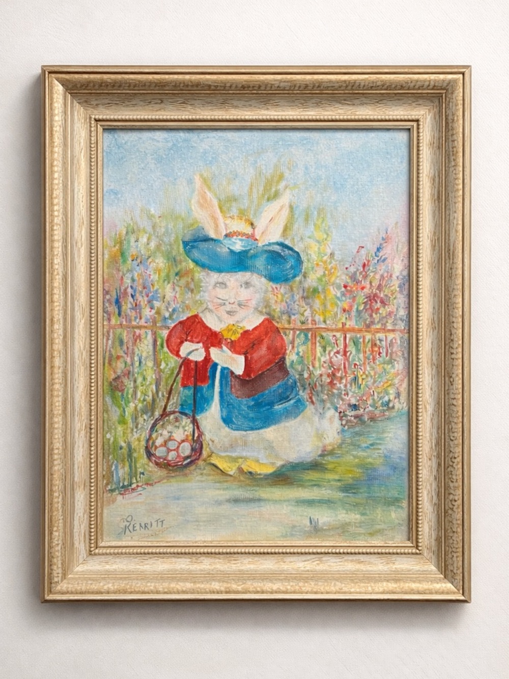 Vintage Oil Painting Bunny Cottagecore Art Framed Rabbit 17x13
